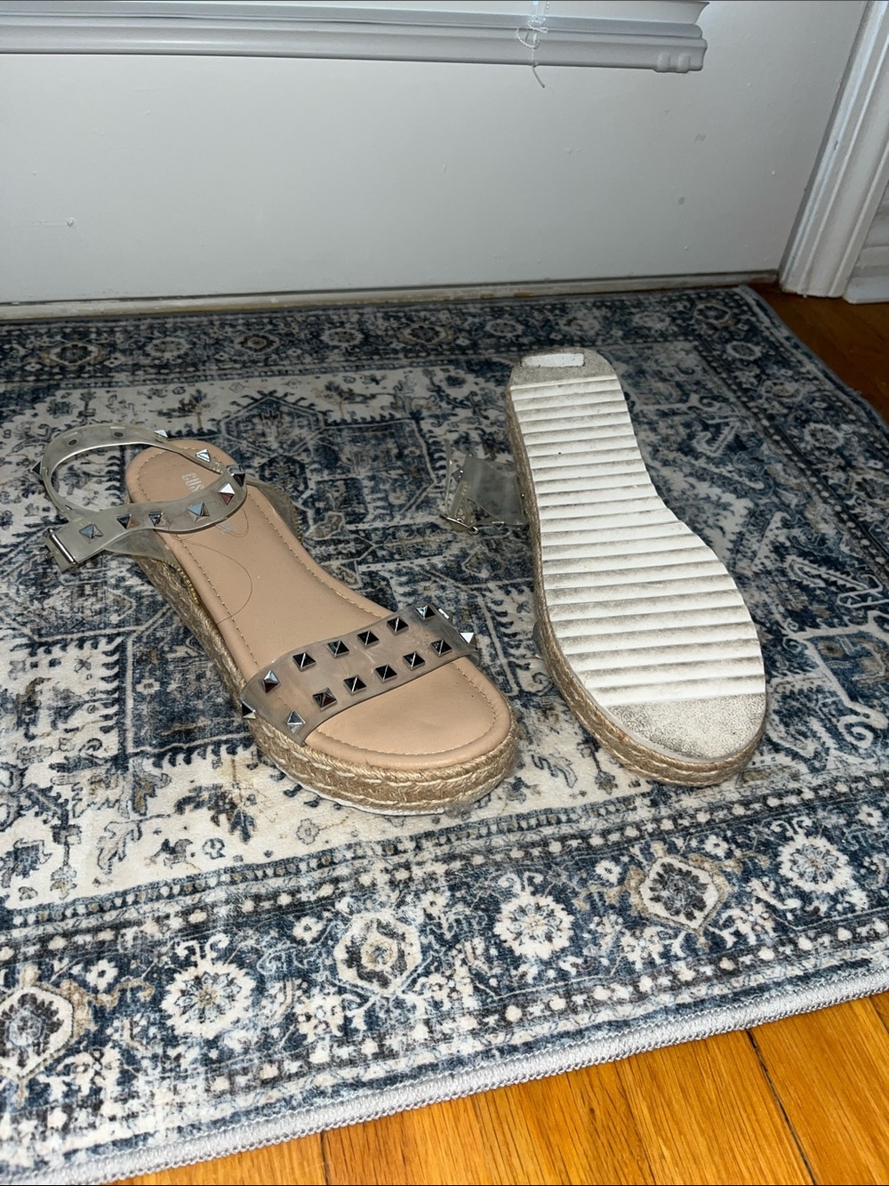 Stud-Trim Clear Strap Espadrille Wedge Sandals - Beige